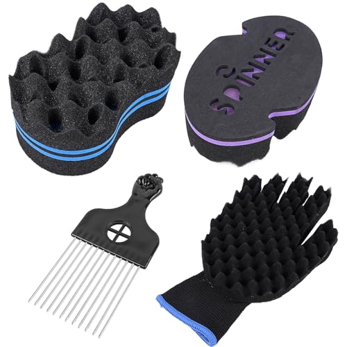 Hair Sponge Brush KissDate Set of 2 Double Sides Small Holes(10mm Hole) Afro Curl Coil Wave Hair Sponge Brush with 6.7 Inch Metal Styling Comb And a Glove (Blue)