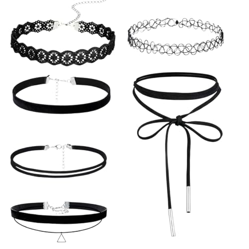VEOIRXU 6 Stück Choker Halsketten Set Mode Velvet Halskette Gummi Stretch Samt Halsband Verstellbare Tattoo Spitze Kette Schmuck-Sets im Gothic-Stil Damen Halskette Schmuck für Frauen Mädchen
