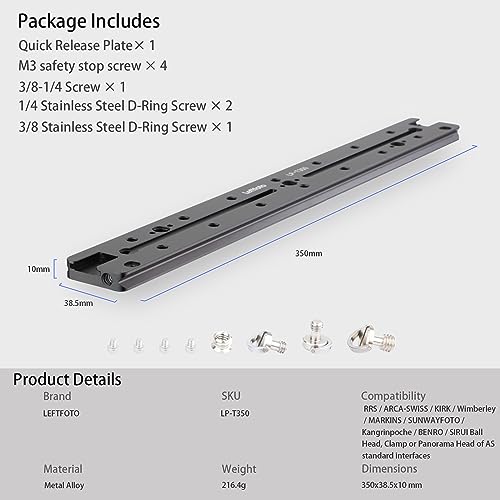 LEFTFOTO Placa de liberación rápida de riel deslizante Arca-Swiss de doble cola de milano de 350 mm, con agujero de localización para roscas ARRI, 1/4 y 3/8 pulgadas, zapata fría, para cámara réflex - imagen 6