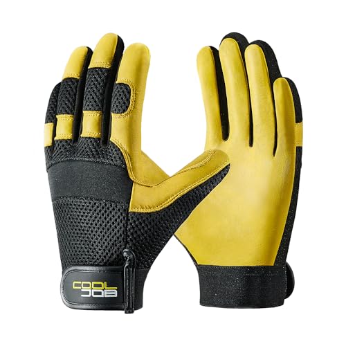 COOLJOB Breathable Mesh Cowhide Leather Work Gloves with Grip, Thorn Resistant Gloves for Gardening...