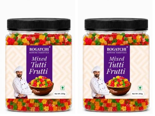 Image of BOGATCHI Mixed Tutti Frutti for Decorations, Sprinkles for Cakes and Ice-Creams, Mix Tutti Frutti Multicolor, Delicious and Tasty, 200g with Free Measuring Spoon (Pack of 2)