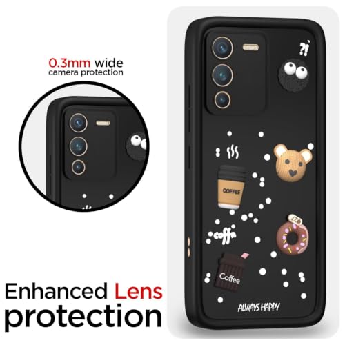 Image of Bintage Cute Fun Ball | Taddy Cartoon 3D Smiley Coffee Cup | Milk Donut | Full Protection Rubber Back Cover Compatible for Vivo V2158 / Vivo V25Pro 5G - Black