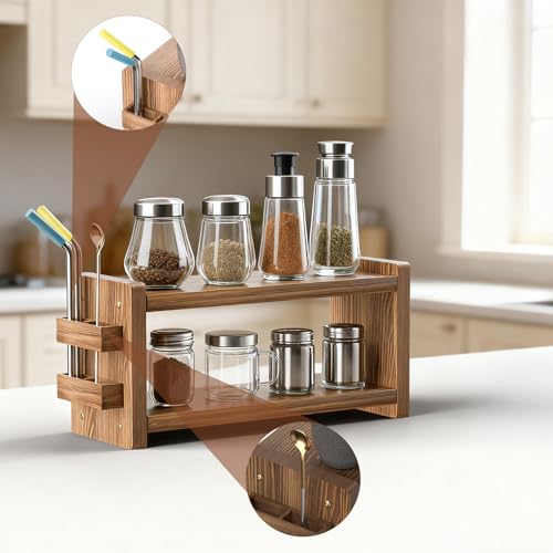 chilinii Coffee and Matcha Station Organizer for Home Kitchen Office Countertop - 2 Tier Solid Wooden Shelf Organizer with Straw Holder for Matcha, Pods, Sugar, Tea, Cups, Stirrers, Mugs Storage