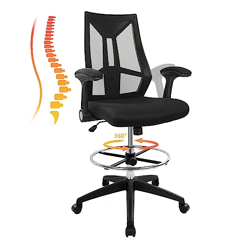 Hylone Drafting Chair, Tall Office Chair, High Back Standing Desk Chair Mesh Drafting Stool With Adjustable Foot Ring And Flip-Up Arms(Black) #TOP6