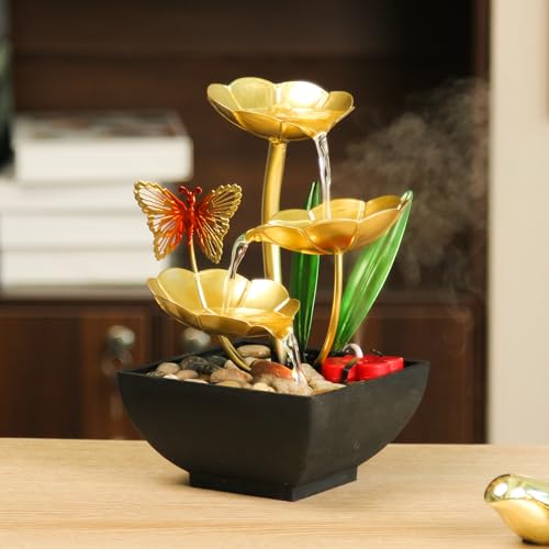 TiCin USB Powered 3-tier Tabletop Fountain Humidifier with Natural Rocks and LED Lights, Tabletop Humidifier, Decorative Humidifier for Bedroom (Yellow)