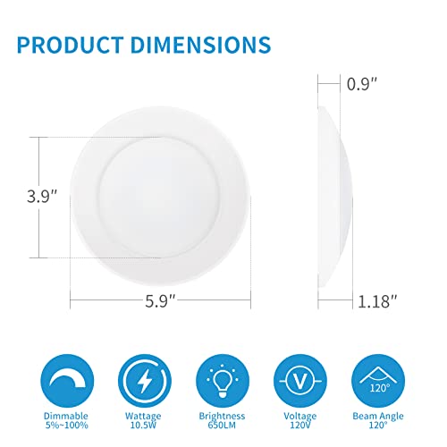 Ecoeler 4 Inch Led Disk Light, Dimmable Flush Mount Ceiling Light, 10.5W 650Lm, 3000K Warm White, Aluminum Baffle Trim Wet Location, Etl&Energy Star, 4Pack #TOP3