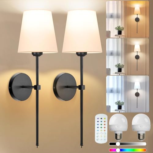 La mejor selección de Focos para la pared Top 5. 46 2Pcs Apliques de Pared Inalámbricos, Apliques de pared recargables con 15 colores y 10 niveles de brillo, bombillas regulables desmontables y Control Remoto para Recámara, Sala...