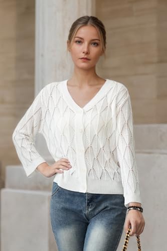 Image of Women's 2025 Crochet Sweater Cardigan 3 /4 Sleeve Lightweight Summer Knit Sweater | Open Front Boho Shrug Top | Beach Cover-Up & Office Wear | Machine Washable 21-White-L
