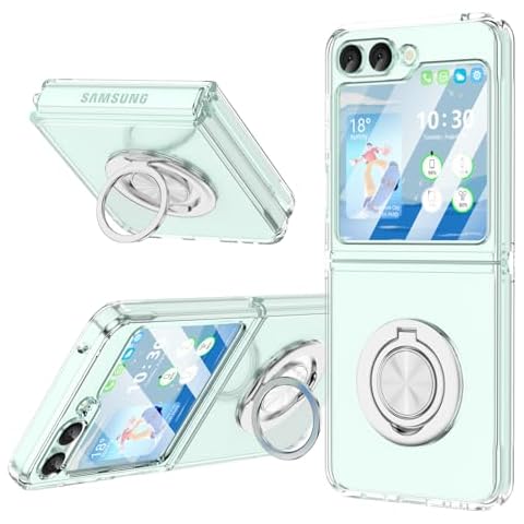 SQMCase for Galaxy Z Flip 5 Case with Ring Kickstand (Work with Magnetic Car Mount) for Samsung Flip 5 Sim Protective Phone Case Clear Cover for Z Flip 5 5G - Clear Cover