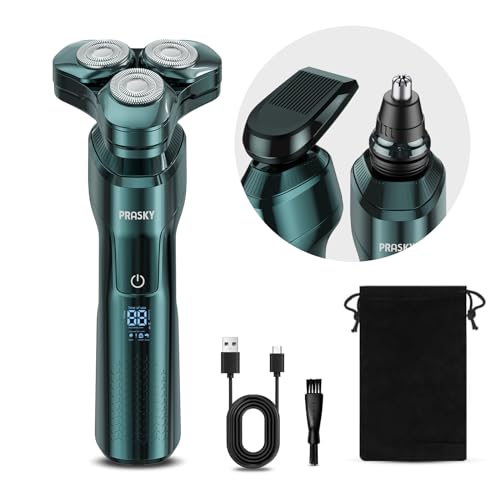 PRASKY Electric Razor for Men, 3-in-1 Face Shaver, Rotary LED Display, Rechargeable, Floating Head, Replaceable Blades, Portable Wet and Dry Travel Beard Trimmer, Hair Clippers Kit, Ideal Gift