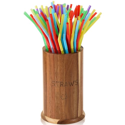 THORNIA Acacia Wood Straw Holder, Drinking Straws Container for Counter