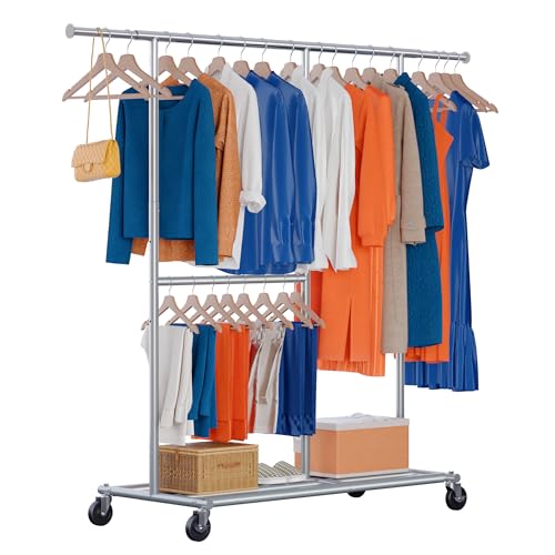 HOKEEPER Doulbe Portant à vêtements robuste avec roulettes, capacité de 209 kg, hauteur réglable et tige extensible, armoire mobile pour chambre à coucher, boutique, argenté