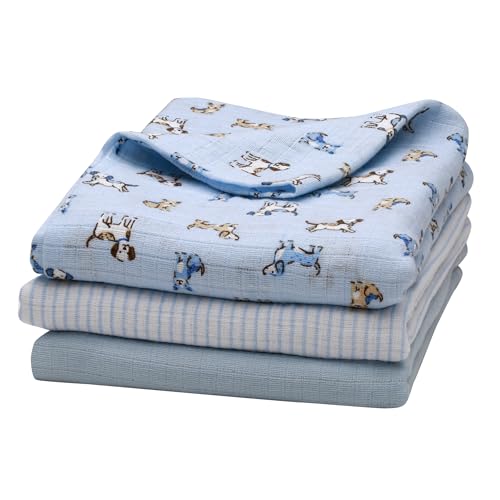 Image of 3 Pack Cotton Muslin Swaddle Blankets for Baby, 40 inch x 36 inch, Lightweight, Breathable, Blue (Puppy Print, Stripe, Solid)