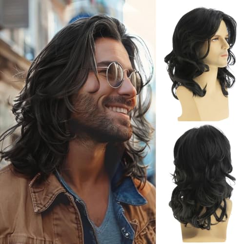 Perruque longue noire ondulée homme idéale pour soirées et cosplay
