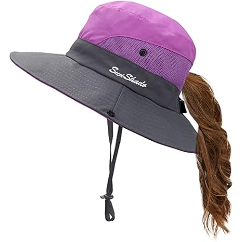 Sun Hats Ponytail for Women, Wide Brim Fishing Hat Foldable Beach Hat, UV Protection Bucket Hats, Garden Outdoor Summer Caps, Grey&purple, One Size Cover