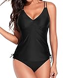 Holipick Women Black V Neck Tankini Set Swimsuits Criss Cross Back Tank Top with Swim Bottom Tummy Control Two Piece Bathing Suits M