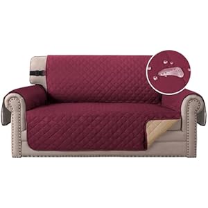 H.Versailtex Sofa Cover 2 Seater, Water Resistant Sofa Protectors From Pets, Washable Sofa couch covers with Elastic Strap, Quilted Sofa Slipcover for Kids/Dogs (Burgundy/Tan)