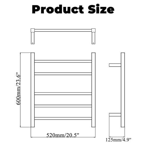 Toallero calefactable de pared de 5 barras con interruptor de metal negro 7