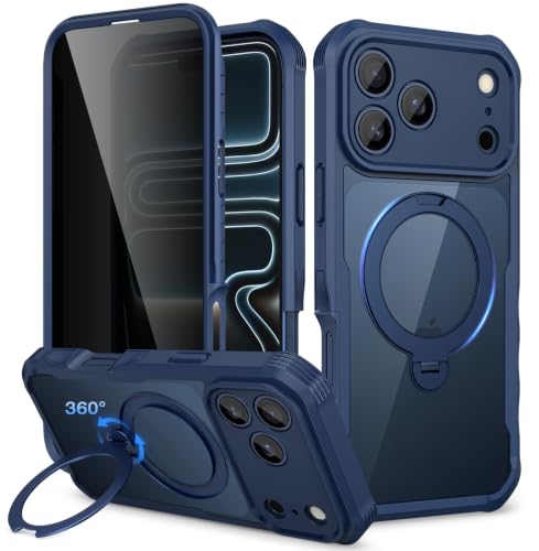 CENHUFO Privacy Case for iPhone 17 Pro Case Compatible with MagSafe Full-Body Phone Case with Built-in 9H Tempered Glass Privacy Screen Protectorand Magnetic Stand Ring Midnight Blue