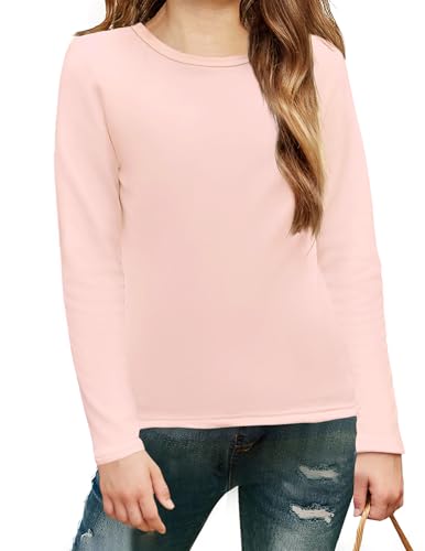 Arshiner Girls Thermal Shirt Children Long Sleeved Shirt Round Neck Sweater Plain Basic Top Long Sleeve Undershirt Kids Slim Fit Tops Autumn Winter Sweatshirt Pink 7-8 Years