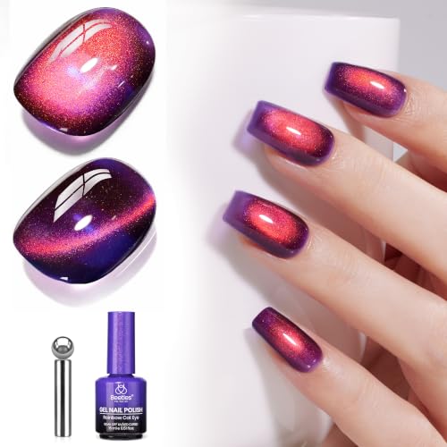 Image of Beetles Purple Cat Eye Gel Polish with Iridescent Effect | 15ml Purple Red Sunset Blaze Holographic Reflective Magnetic Glitter Gel for Women UV Curing Nail Art DIY Manicure Gift