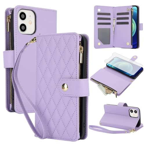 Coque iPhone 12 Pro avec protège-écran verre trempé et portefeuille zippé Asuwish