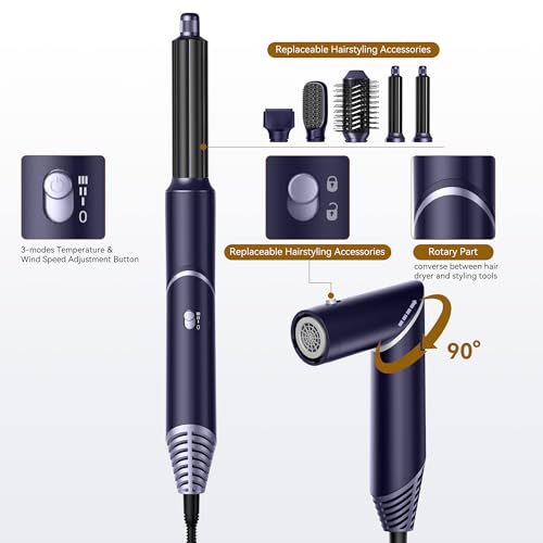 UKLISS 5 in 1 Hair Air Styler Dryer with Air Curlers Auto Curling Wands Multi-use Hair Blow Dryer for Women Set, with Hair Styling Tools Hair Styler Hair Curlers Hair Straightening Brush, Blue/Sliver - Image 6