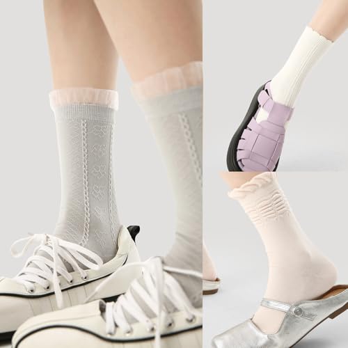 Image of 3 Pairs Women's Delicate Cotton Socks with Ruffled Lace Trim Elegant Cozy Dress Socks in Matching Styles (One Size, Camellias)