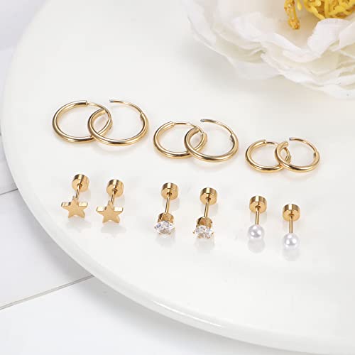 Florideco Small Tiny Stud Earrings For Women Men Stainless Steel Stud Earrings Sets Cz Heart Moon Star Flatback Earrings Cartilage Hoop Earrings Gold #TOP5