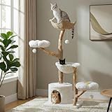 MUTTROS 59" Modern Cat Tree Tower for Large Cats w/2 Flower Perches-Natural Solid Wood Scratching Post with Real Branch-Luxury Boho Cat Furniture w/Condo & Wicker Basket Bed, Cloud White