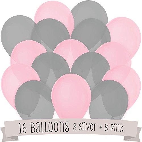 DelightBox 16 Pack of Latex Balloons (8 Pink & 8 Gray) 10 inch, Birthday Balloon, Pink Party