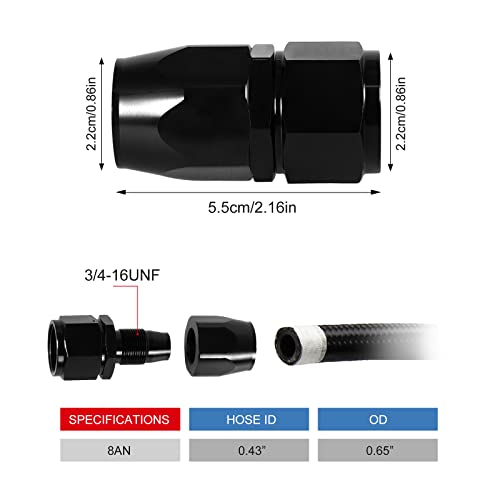 Image of 1PCS 8AN Straight Swivel Hose End Fitting for Braided CPE Fuel Line Anodized Aluminum Alloy Black
