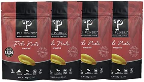 Pili Pushers Unsalted Pili Nuts 45g 1.59oz (Pack of 4) (Wild, Sprouted, Dehydrated)