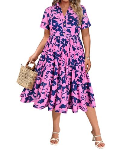 Image of CARCOS Plus Size Dresses for Curvy Women Collared Vneck Short Sleeve Dresses Midi Summer Ruffle Dress with Pocket XL-5XL