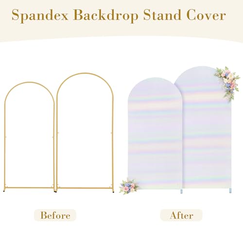Image of Rainbow White Arch Covers 7.2 and 6ft Sequin Sparkly Birthday Party Arch Backdrop Covers Set of 2 Spandex Shimmer Balloon Arch Stand Cover for Wedding Bridal Shower Baby Shower Photo Arches Background