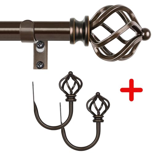 KAMANINA Bundle of 32-58" Curtain Rod and Matched Holdbacks 1 Pair, Twisted Cage Finials, Antique Bronze