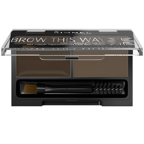 Rimmel LONDON Brow This Way Kit de Modelage de Poudre à Sourcils, Finition Soignée et Précision Ultime avec la Formule Duo Compact, Brun Foncé, Poudre 0,04 oz, Cire 0,03 oz