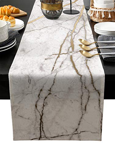 Marble Table Runner-Cotton linen-Long 108 inche White Gray Gold Dresser Scarves,Texture Tablerunner for Kitchen Coffee/Dining/Sofa/End Table Bedroom Home Living Room,Scarf Decor for Holiday Dinner
