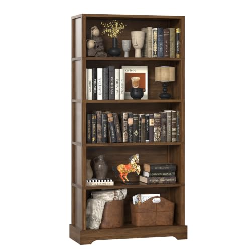 Image of TVU 5 Tiers Wooden Bookshelf, 65.2 inch Tall Farmhouse Style Open Bookcase, 31.5 inch Wide Standing Book Shelf with Storage for Study Room, Living Room, Walnut Brown