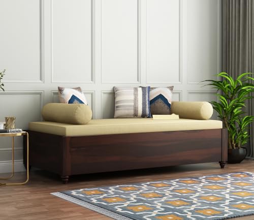Image of ONIJA Solid Sheesham Wood Diwan Sofa Cum Bench Without Seating Cushion & Pillows | Modern Wooden Daybed for Living Room, Bedroom & Home Decor (Walnut Finish)