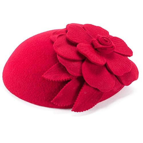 Flower Womens Dress Fascinator Wool Pillbox Hat Party Wedding A083 (Red)