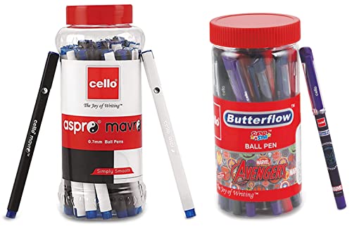Image of Cello Aspro Mavro Ball Pen | Black Ball Pen | Pack of 50 Butterflow Avenger Ball Pen | Pack of 25 Blue Ball Pen