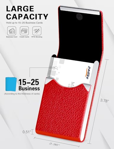 Image of Padike Leather Business Card Holder for Women Leather Stainless Steel Business Card Case with Magnetic Shut (Red)