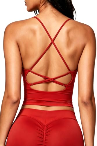 Image of QINSEN Womens Cross Back Tank Top V Neck Double Lined Camisole Top Sleeveless Spaghetti Strap Going Out Tops
