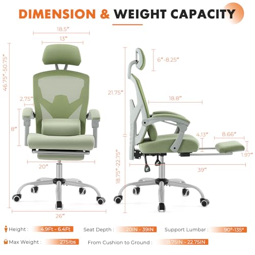 Image of Sweetcrispy Office Computer Desk Chair, Ergonomic High-Back Mesh Rolling Work Swivel Chairs with Wheels, Comfortable Lumbar Support, Comfy Arms for Home, Bedroom, Study, Student, Green