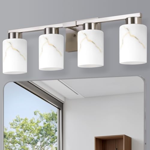 Image of 4-Light Bathroom Light Fixtures, Modern Vanity Lights, Brushed Nickel Metal Wall Lamp with White Marble Glass for Bathroom, Mirror, Living Room, Bedroom, Cabinet, Porch, Hallway, E26 Base