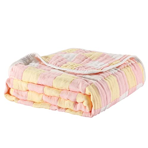 Image of MUKIN Neutral Cotton Receiving Swaddle Blanket and Quilt for Girls and Boys, Also for Newborn Nursing Cover, Baby Bath Towels (Pink,Yellow)