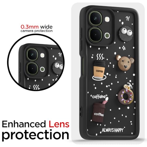 Image of Pikkme Back Cover for Vivo T5x / Vivo Y51 Pro /iQOO Z11x 5G | 3D Bear Silicone Cute & Fun Coffee Cartoon | Full Body Protection Bumper Case (Black)