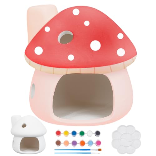 WEBEEDY Ceramic Mushroom House Paint Kit for Adults Beginner Paint Your Own Cute Mushrooms Houses Kit DIY 3D Mushroom House Desktop Ornament with Paints and Brushes Birthday Gift,3.9x3.7x3.7inch
