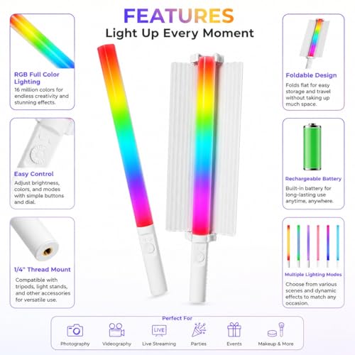 Image of Clefairy Handheld RGB LED Video Light Wand, 5400mAh Rechargeable Battery, Bi-Color 2700K-6500K Tube Light for Photography, YouTube, Vlogging & Content Creation